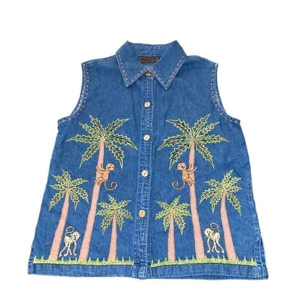 Life Style Vintage Denim Vest with Embroidered Monkeys and Palm‎ Trees - Picture 3 of 11